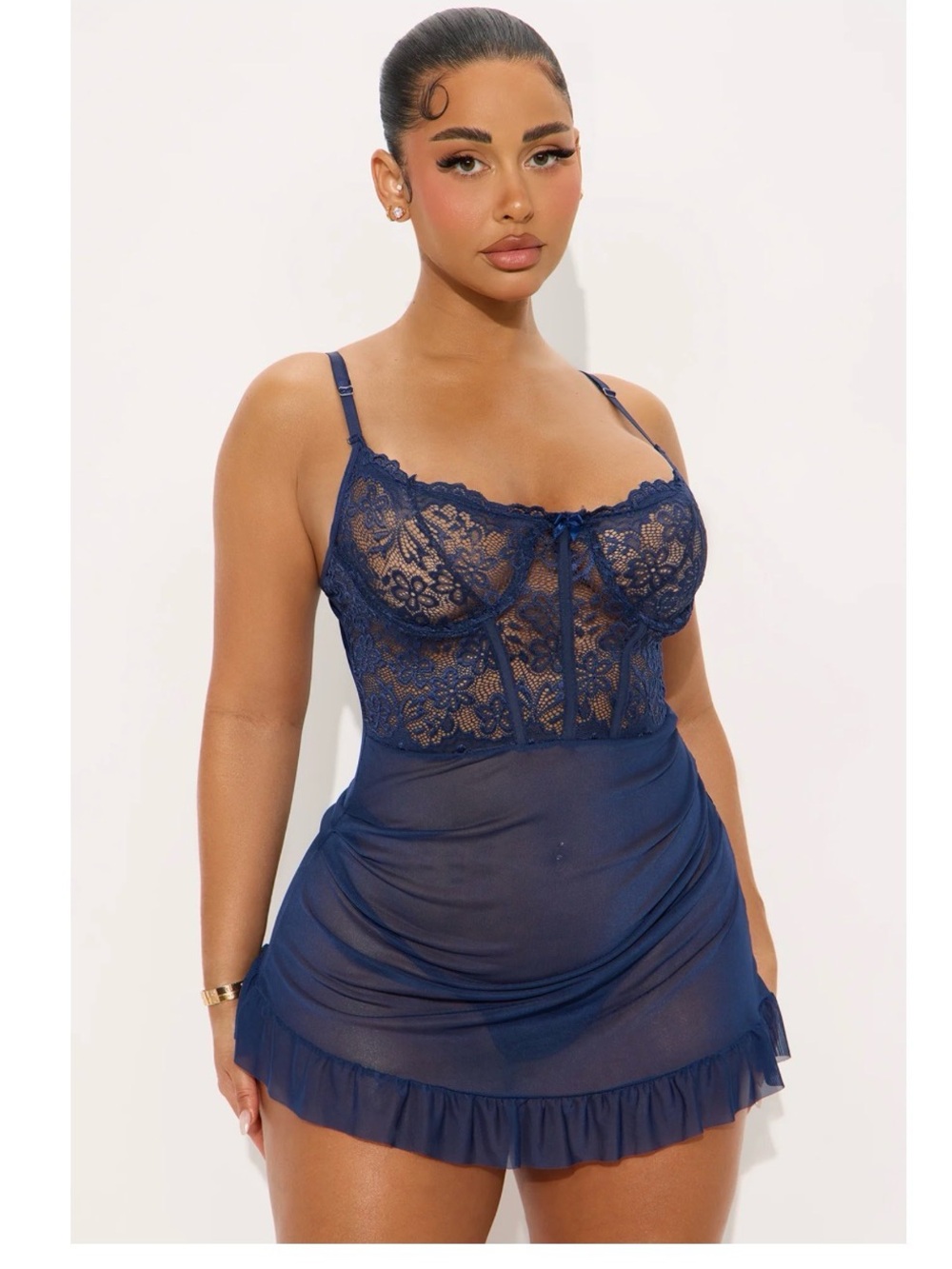 Fashion Nova Navy Lace & Mesh Babydoll Chemise